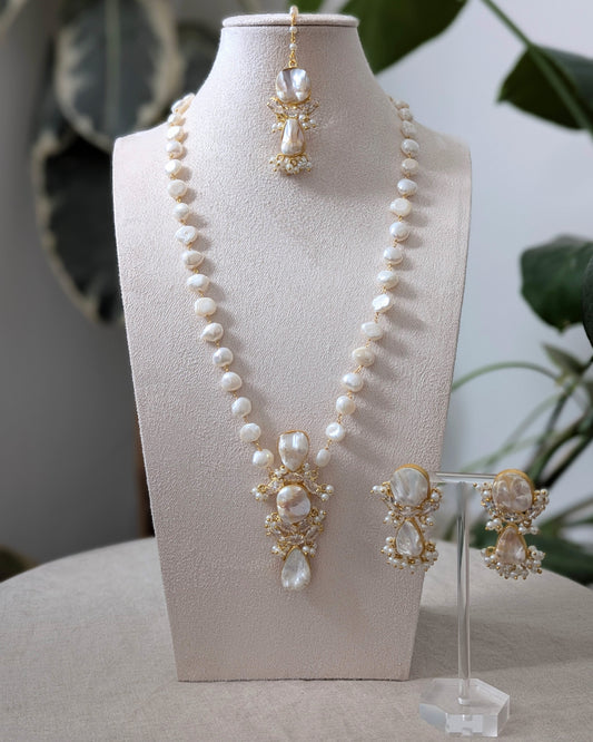 Mother of Pearl Mala Set, Freshwater Pearls combined with Swarovski - Necklace, Earrings & Tikka Ethnic Jewellery Set - Item Code: U