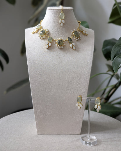 Green Natural Prehnite Stones Surrounded by Pearl Petals and Mini Pearl Clusters - Item 60