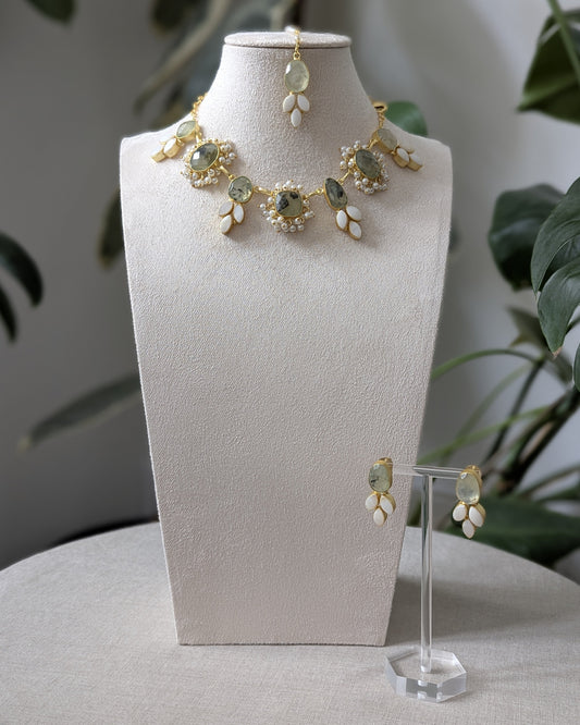 Green Natural Prehnite Stones Surrounded by Pearl Petals and Mini Pearl Clusters - Item 60