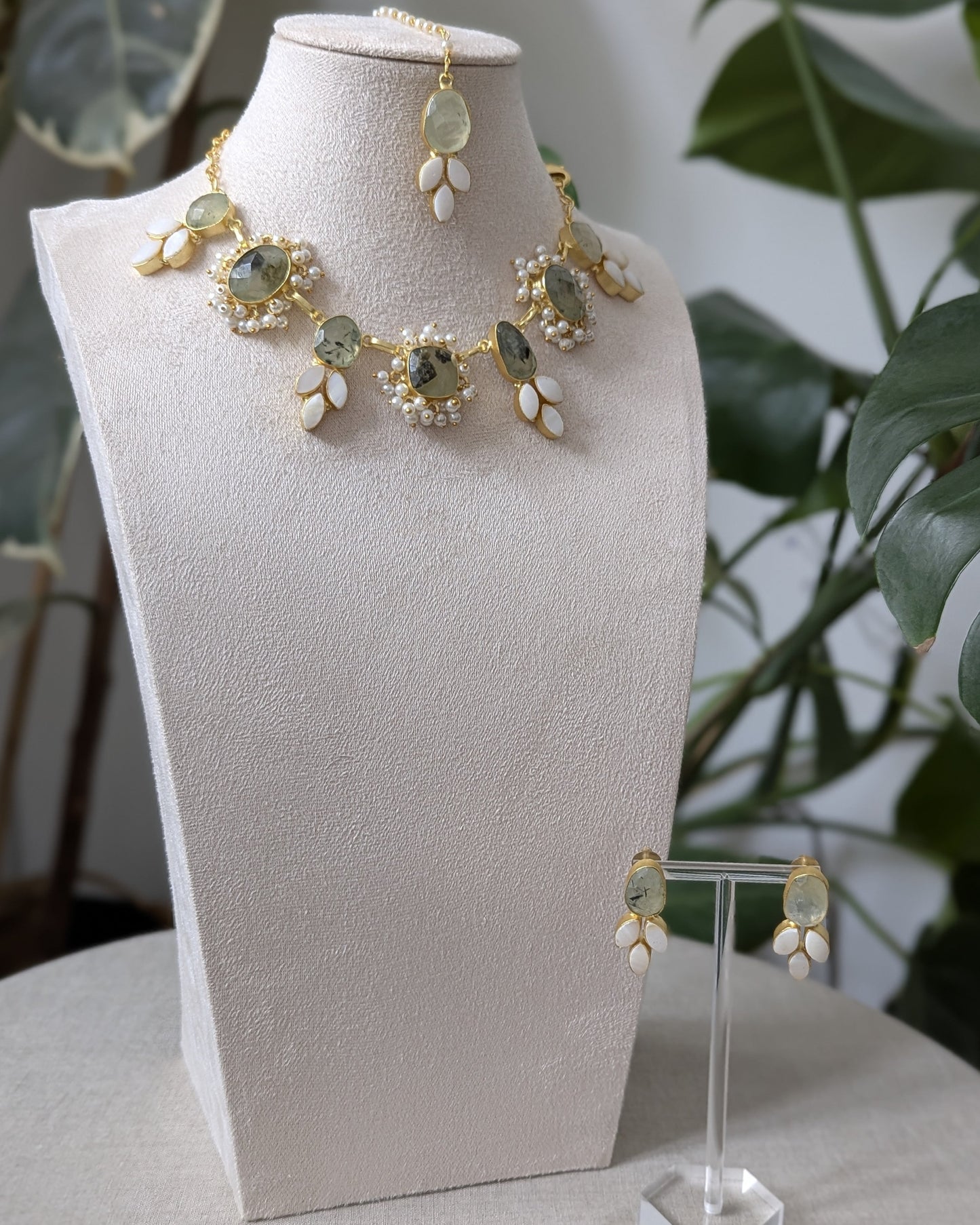 Green Natural Prehnite Stones Surrounded by Pearl Petals and Mini Pearl Clusters - Item 60