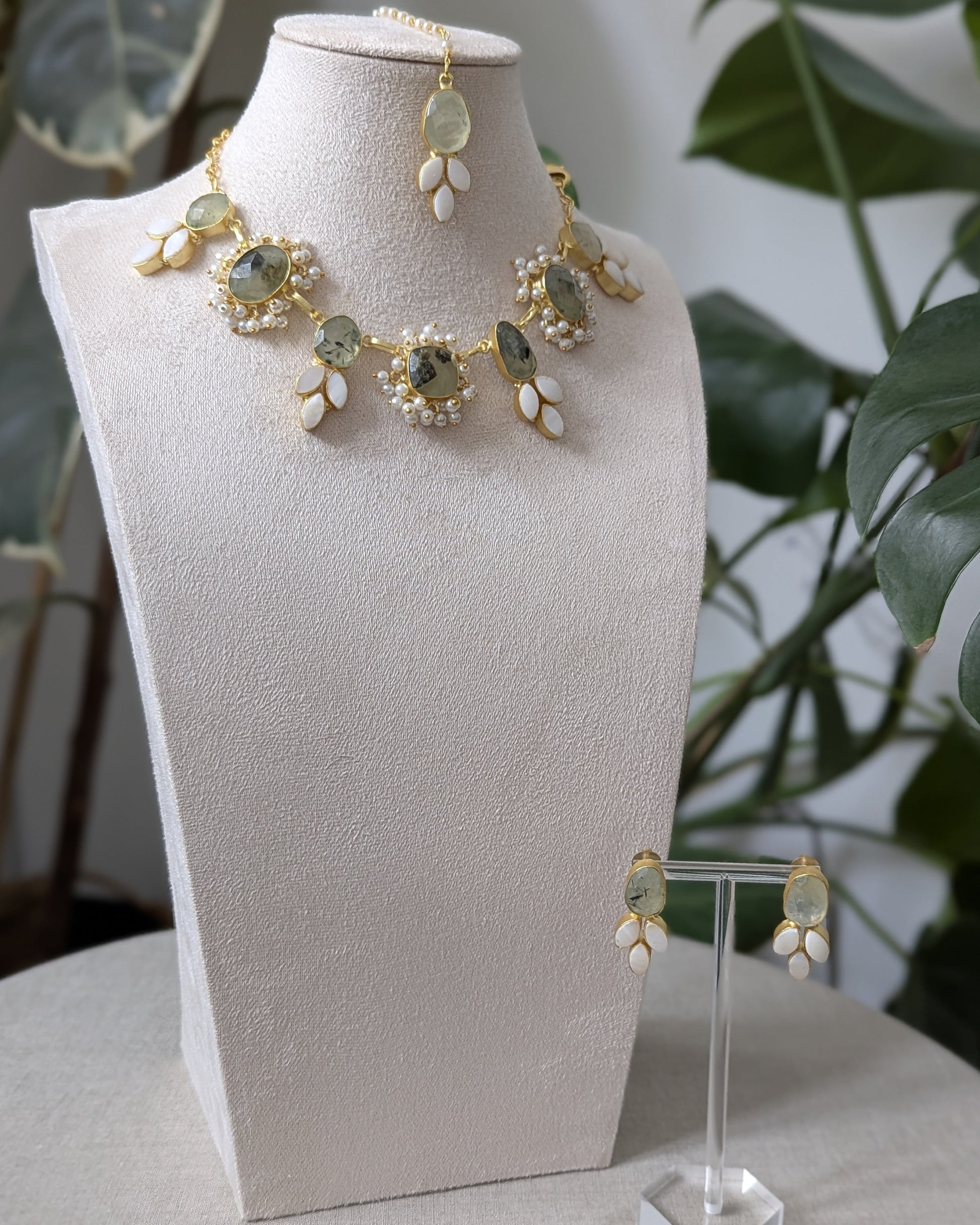 Green Natural Prehnite Stones Surrounded by Pearl Petals and Mini Pearl Clusters - Item 60