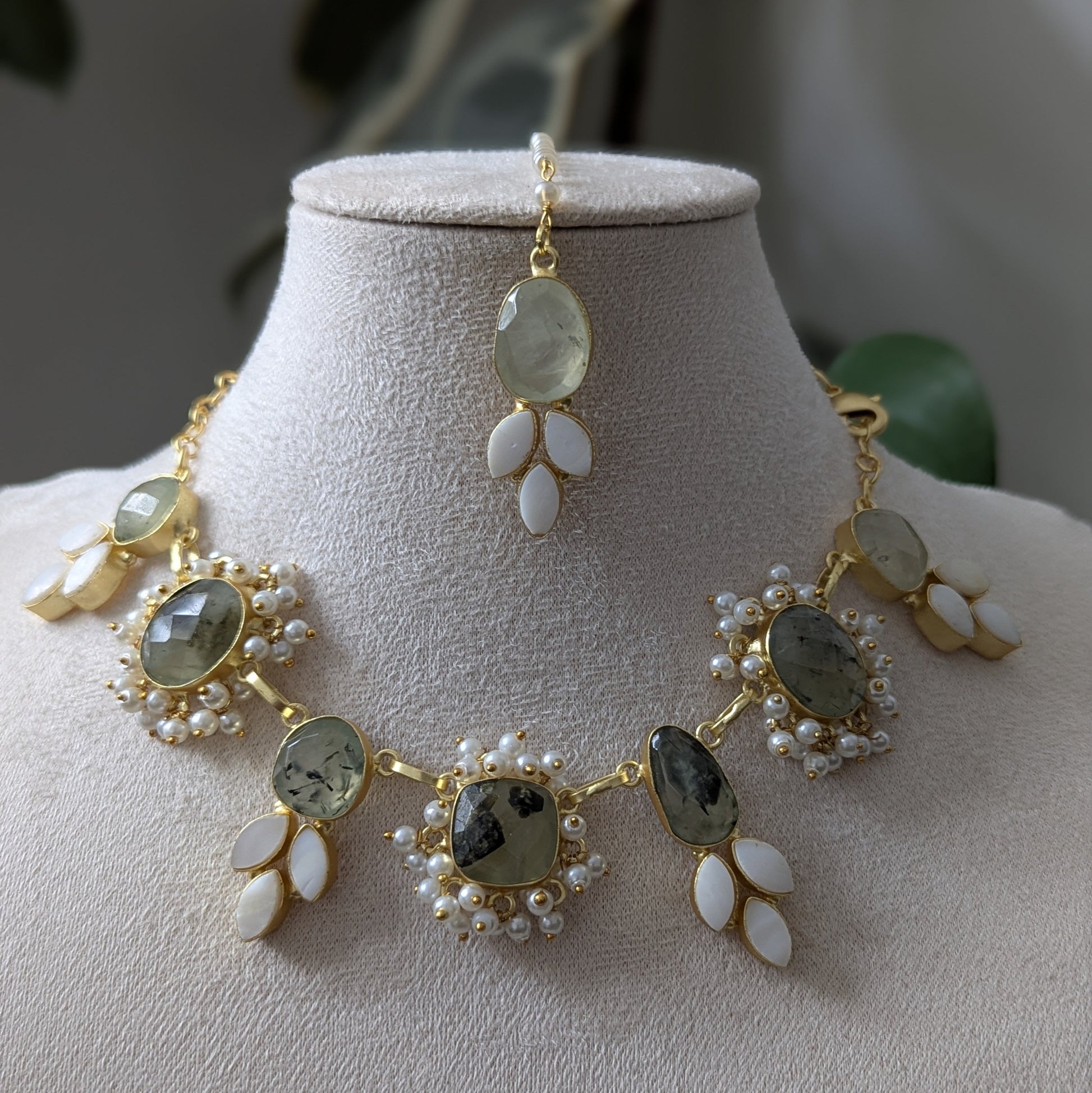 Green Natural Prehnite Stones Surrounded by Pearl Petals and Mini Pearl Clusters - Item 60