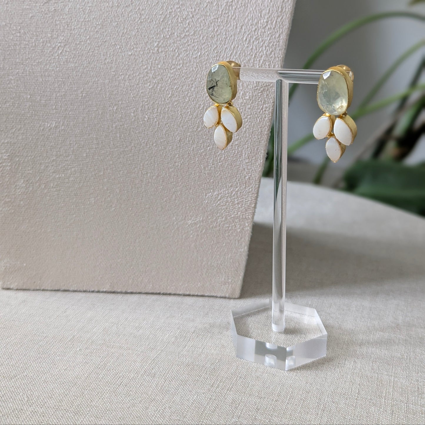 Green Natural Prehnite Stones Surrounded by Pearl Petals and Mini Pearl Clusters - Item 60