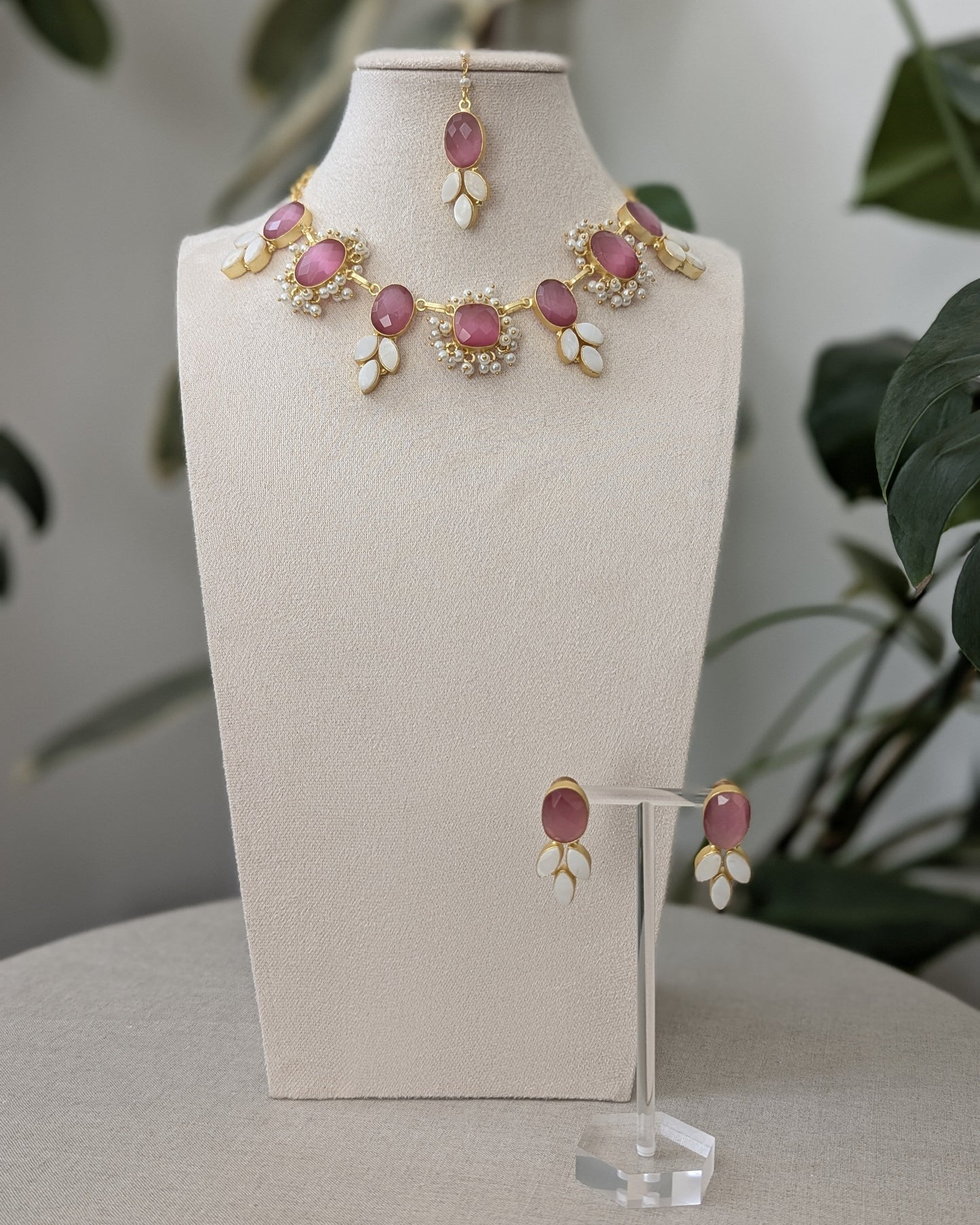 Cherry Quartz Stones Surrounded by Pearl Petals and Mini Pearl Clusters - Item 59