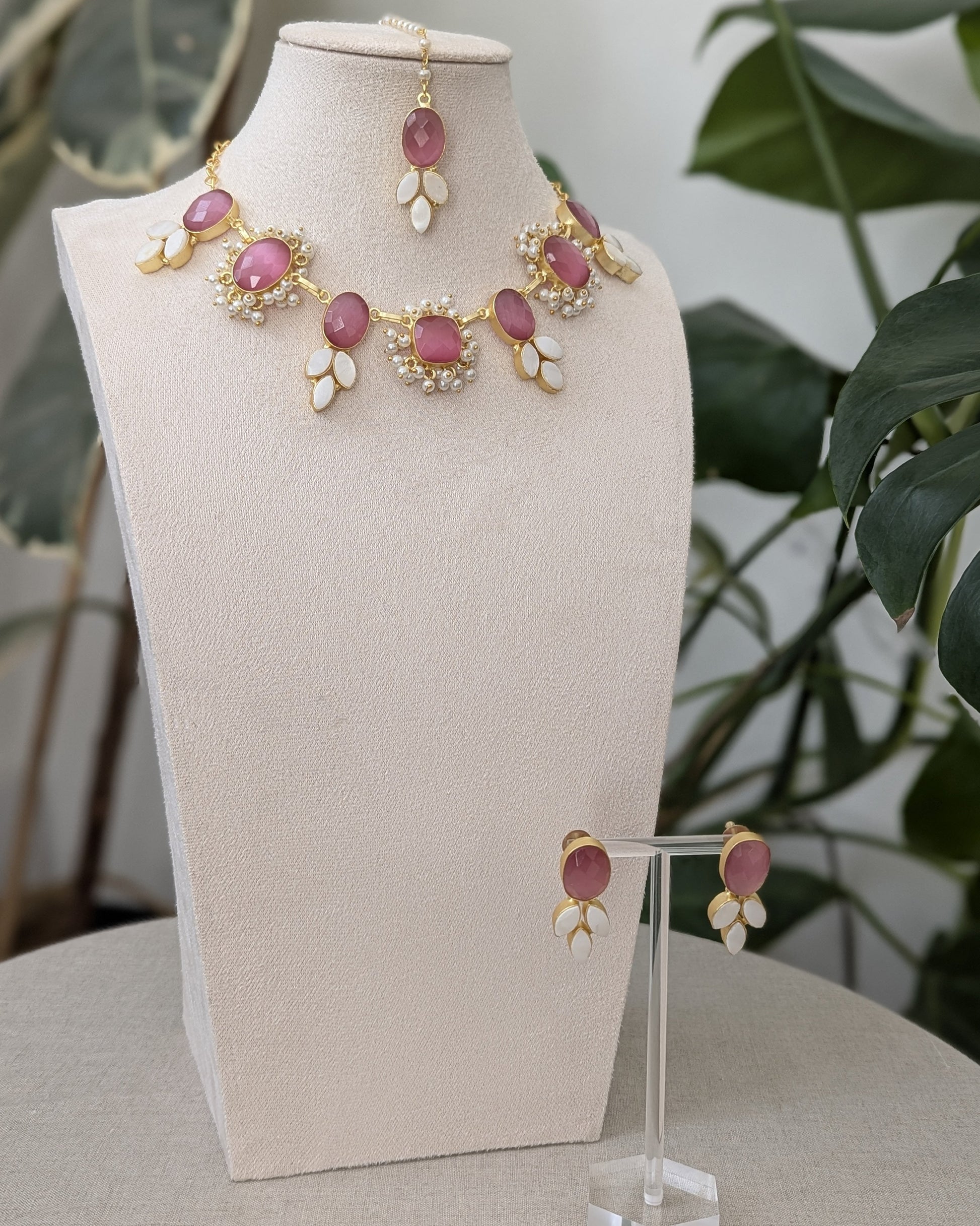 Cherry Quartz Stones Surrounded by Pearl Petals and Mini Pearl Clusters - Item 59