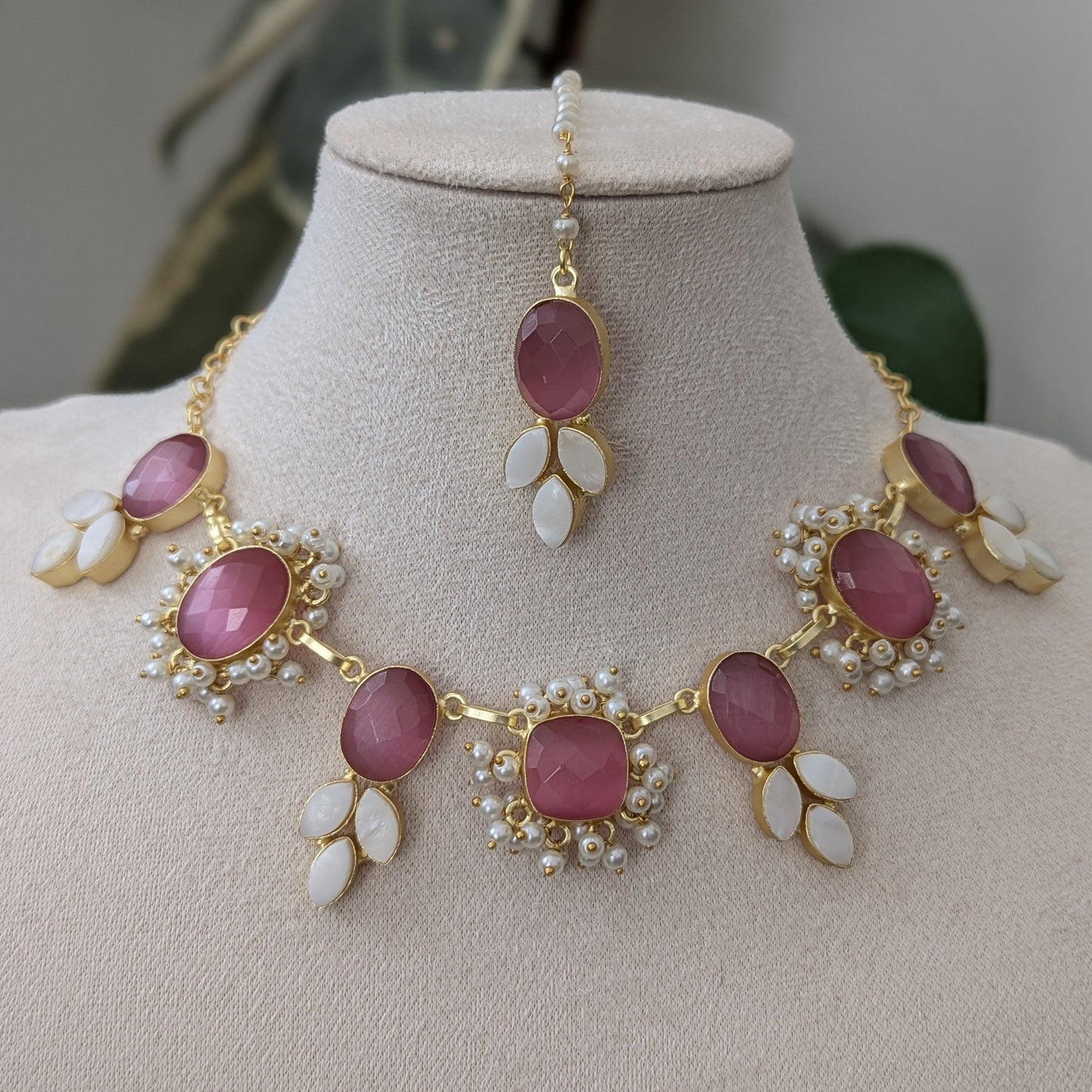 Cherry Quartz Stones Surrounded by Pearl Petals and Mini Pearl Clusters - Item 59