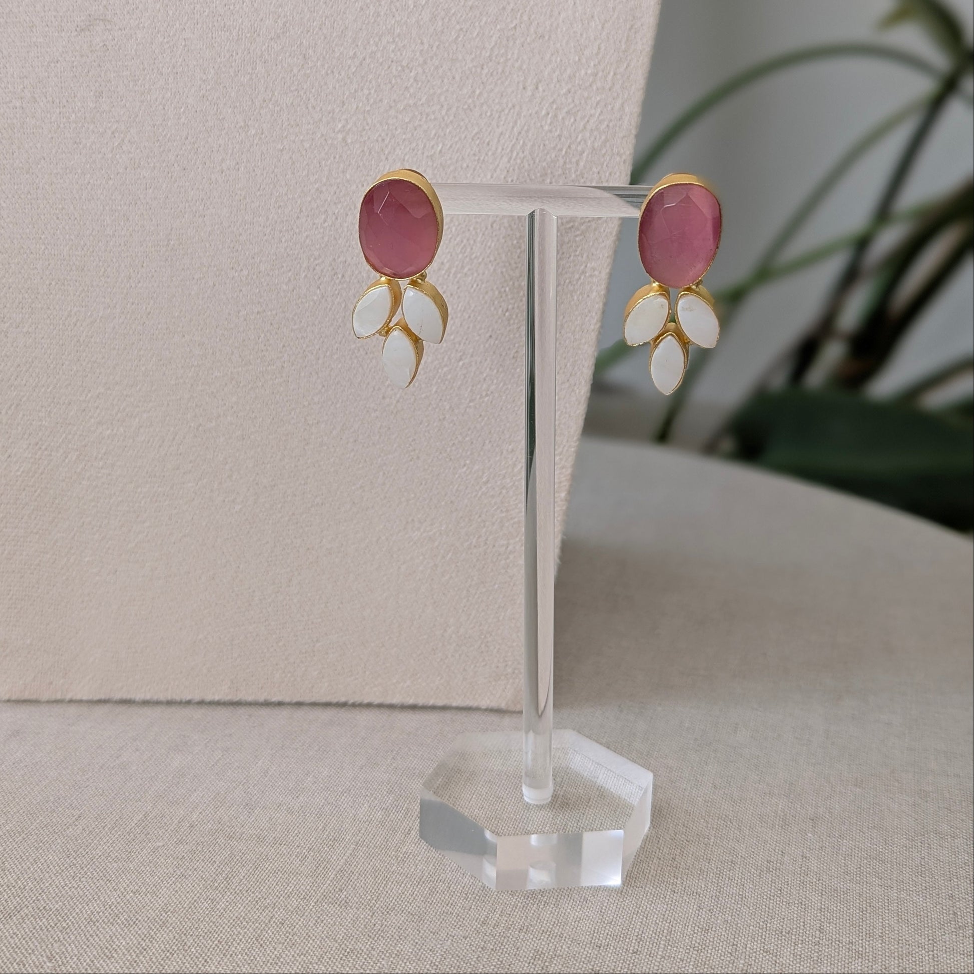 Cherry Quartz Stones Surrounded by Pearl Petals and Mini Pearl Clusters - Item 59