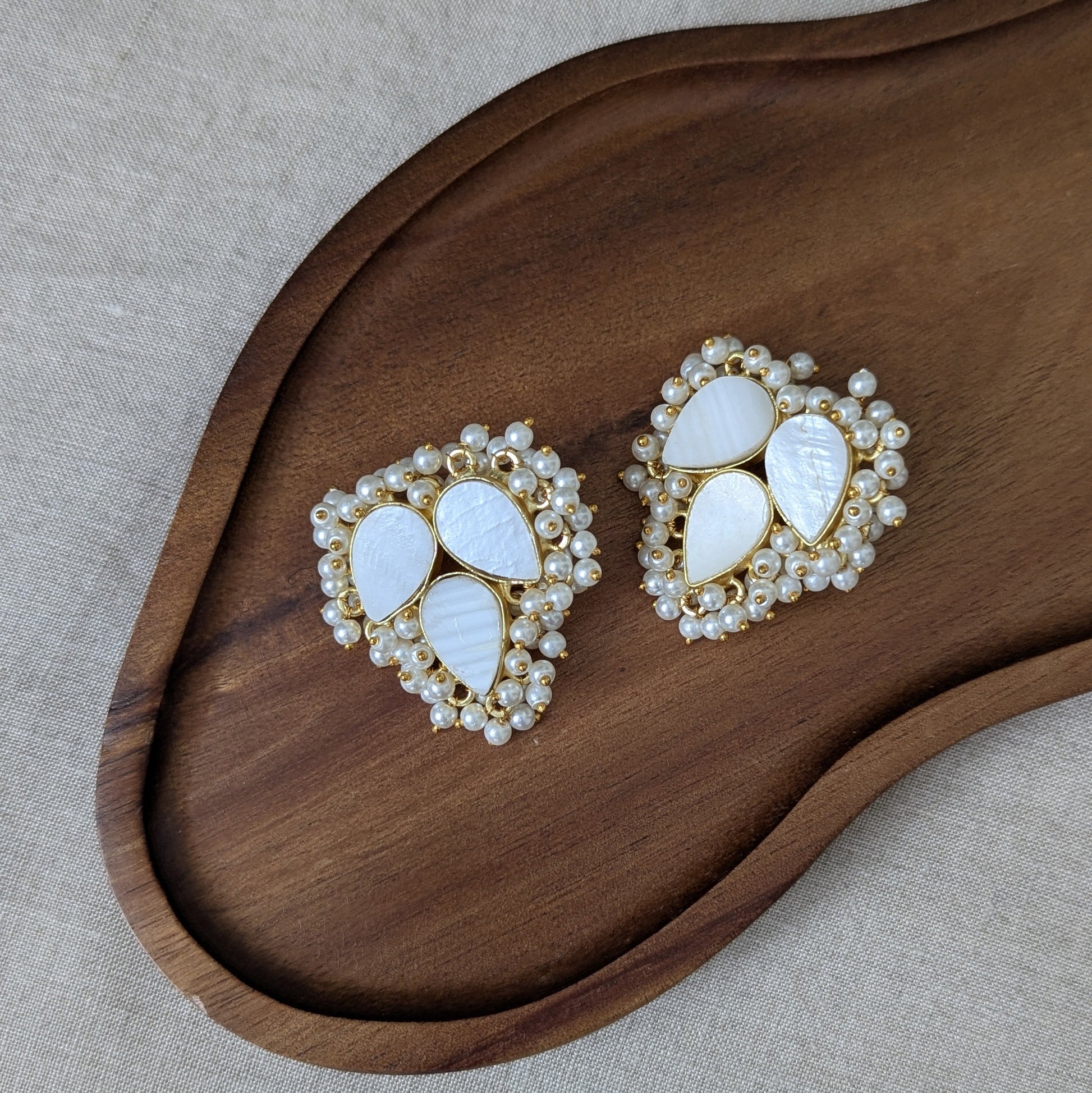 White Mother of Pearl Petal Earrings with Mini Pearl Clusters - Item 61