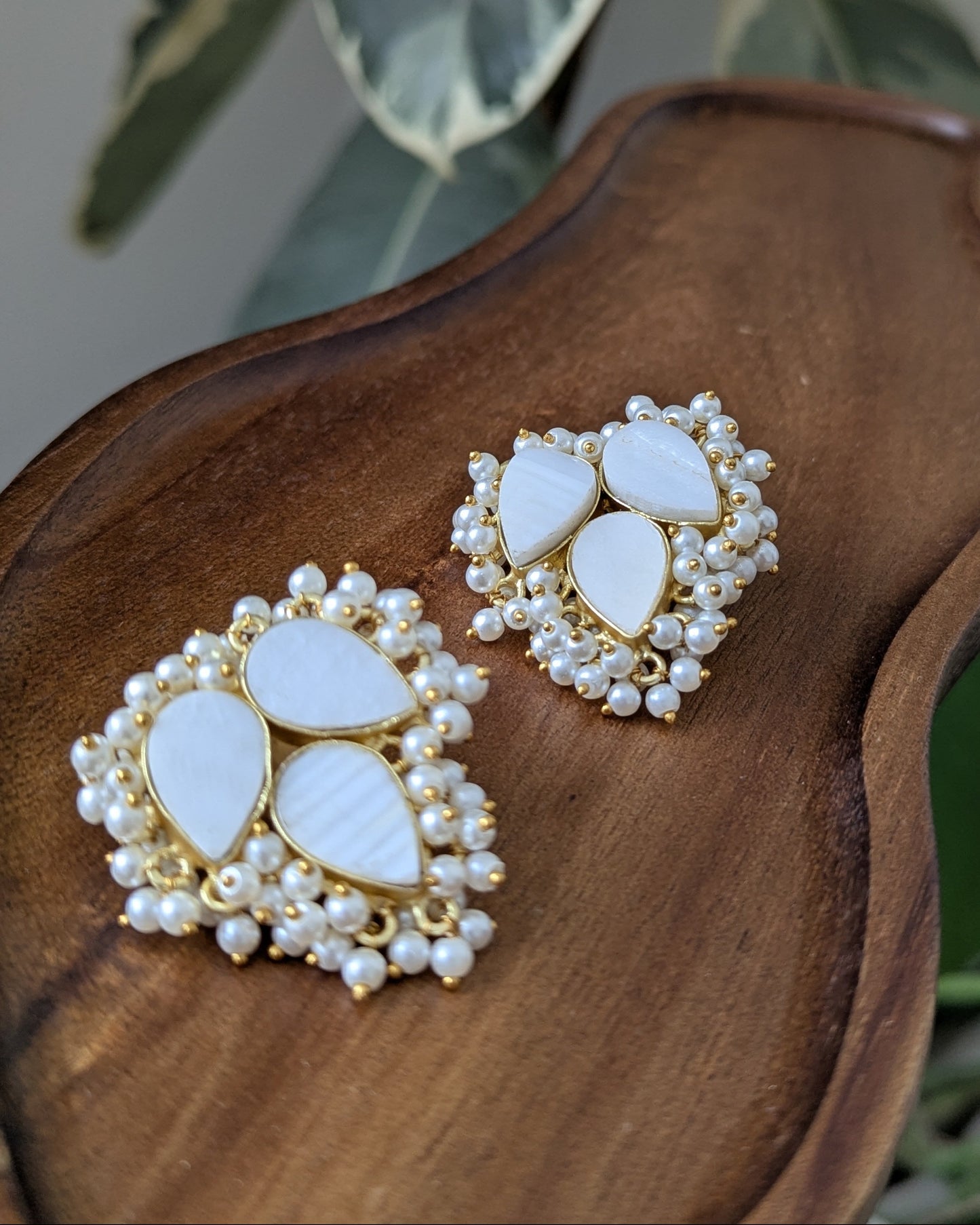 White Mother of Pearl Petal Earrings with Mini Pearl Clusters - Item 61