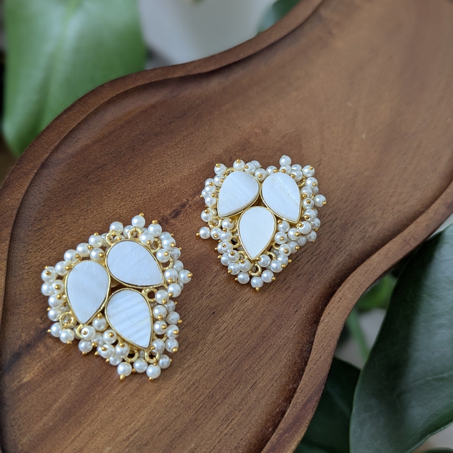 White Mother of Pearl Petal Earrings with Mini Pearl Clusters - Item 61
