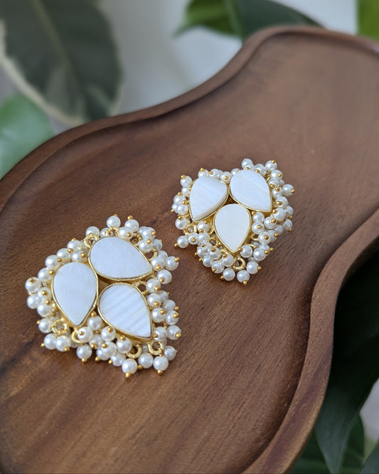 White Mother of Pearl Petal Earrings with Mini Pearl Clusters - Item 61