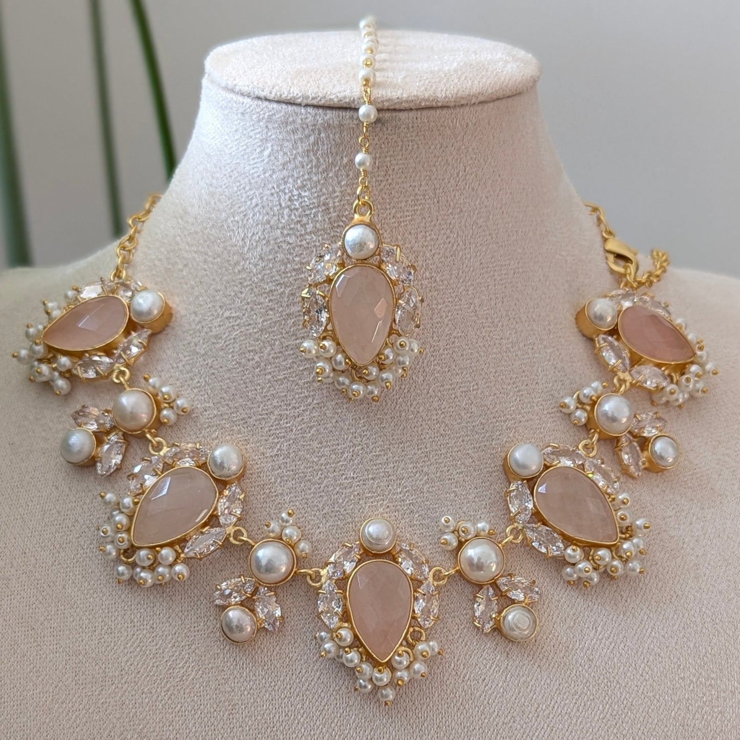 Blush Pink Rose Quartz Stones, with Swarovski and Lustrous Pearls - Item 65
