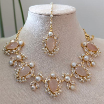 Blush Pink Rose Quartz Stones, with Swarovski and Lustrous Pearls - Item 65