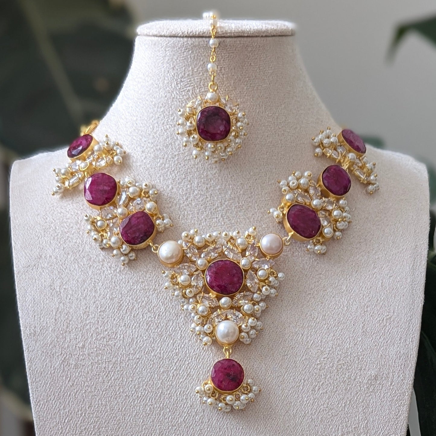 Ruby Quartz, Freshwater Pearls and Swarovski Accents Statement Set - Item 67