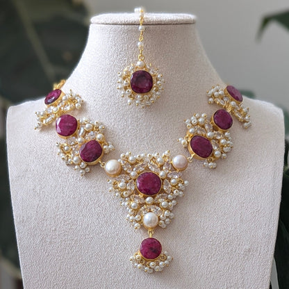Ruby Quartz, Freshwater Pearls and Swarovski Accents Statement Set - Item 67