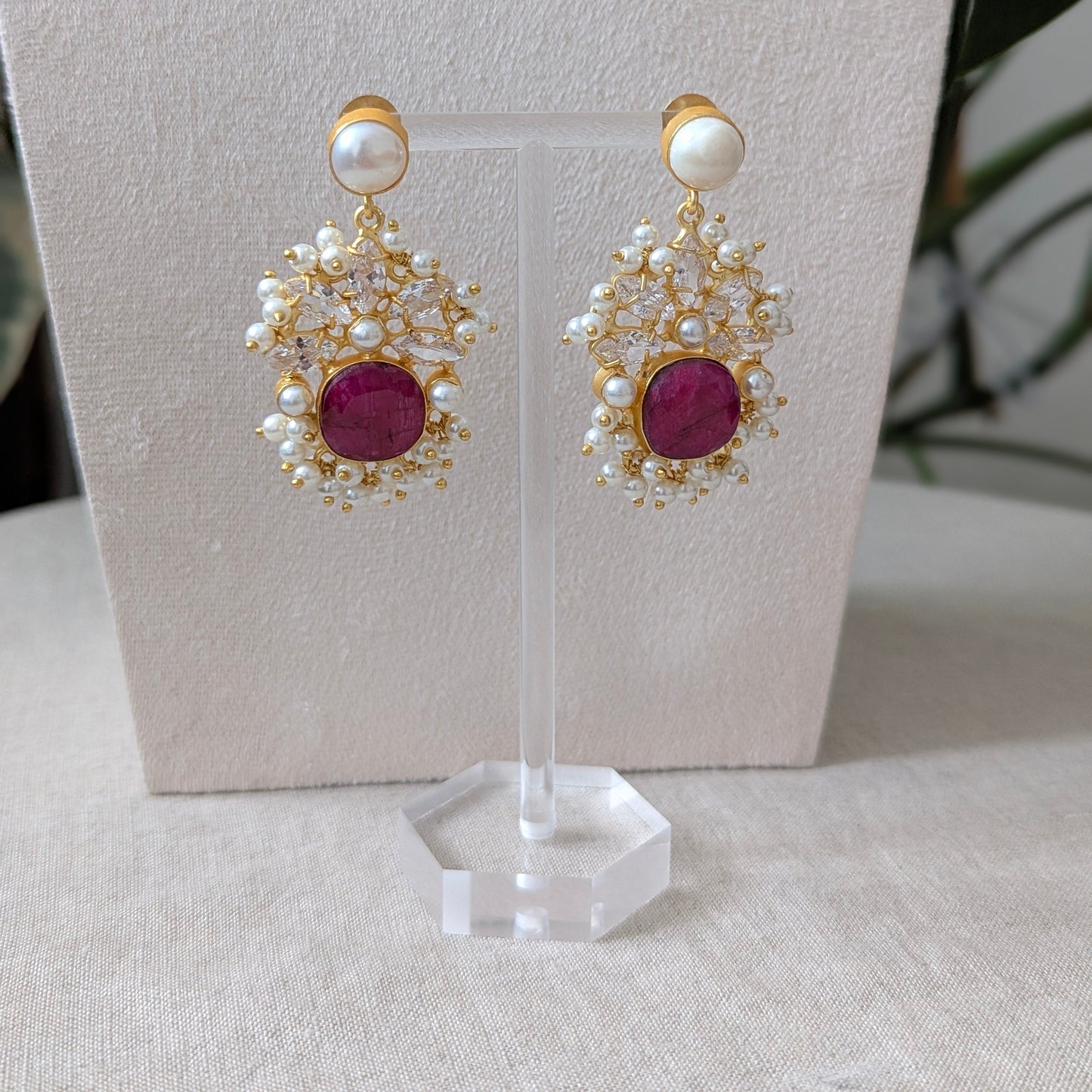 Ruby Quartz, Freshwater Pearls and Swarovski Accents Statement Set - Item 67