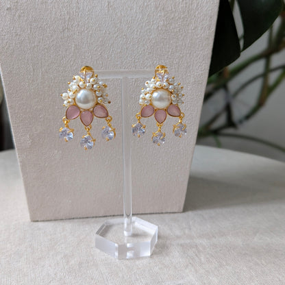 Pair of earrings on a clear stand with a neutral background