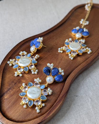 Natural Blue Lapis & Amazonite Stones Tikka Set with Pearls and Swarovski - Item 73