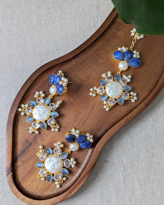 Natural Blue Lapis & Amazonite Stones Tikka Set with Pearls and Swarovski - Item 73