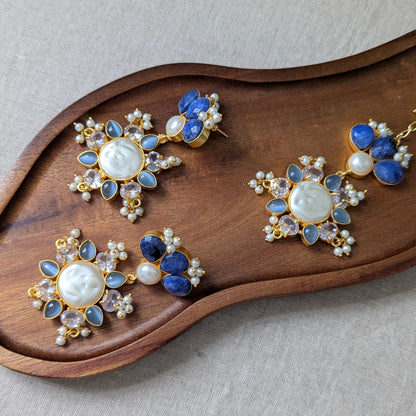 Natural Blue Lapis & Amazonite Stones Tikka Set with Pearls and Swarovski - Item 73