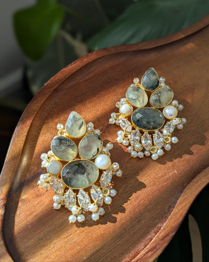 Green Prehnite Stone, Pearls & Swarovski Floral Statement Earrings - Item 76