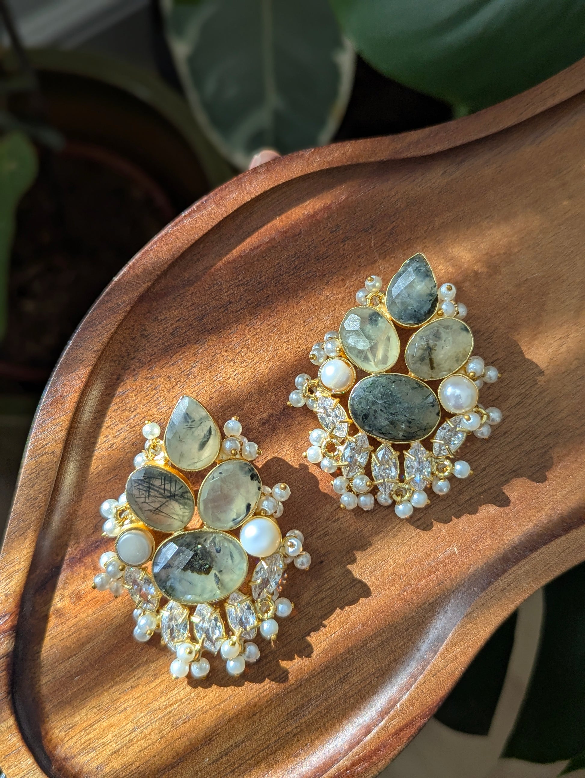 Green Prehnite Stone, Pearls & Swarovski Floral Statement Earrings - Item 76
