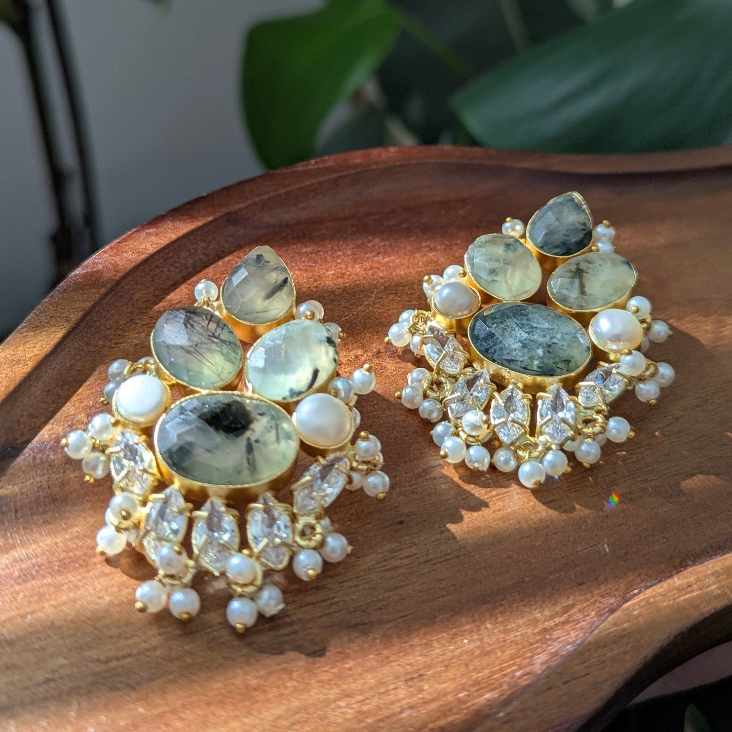 Green Prehnite Stone, Pearls & Swarovski Floral Statement Earrings - Item 76