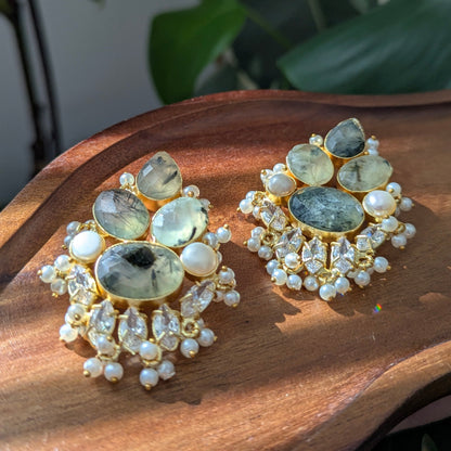 Green Prehnite Stone, Pearls & Swarovski Floral Statement Earrings - Item 76