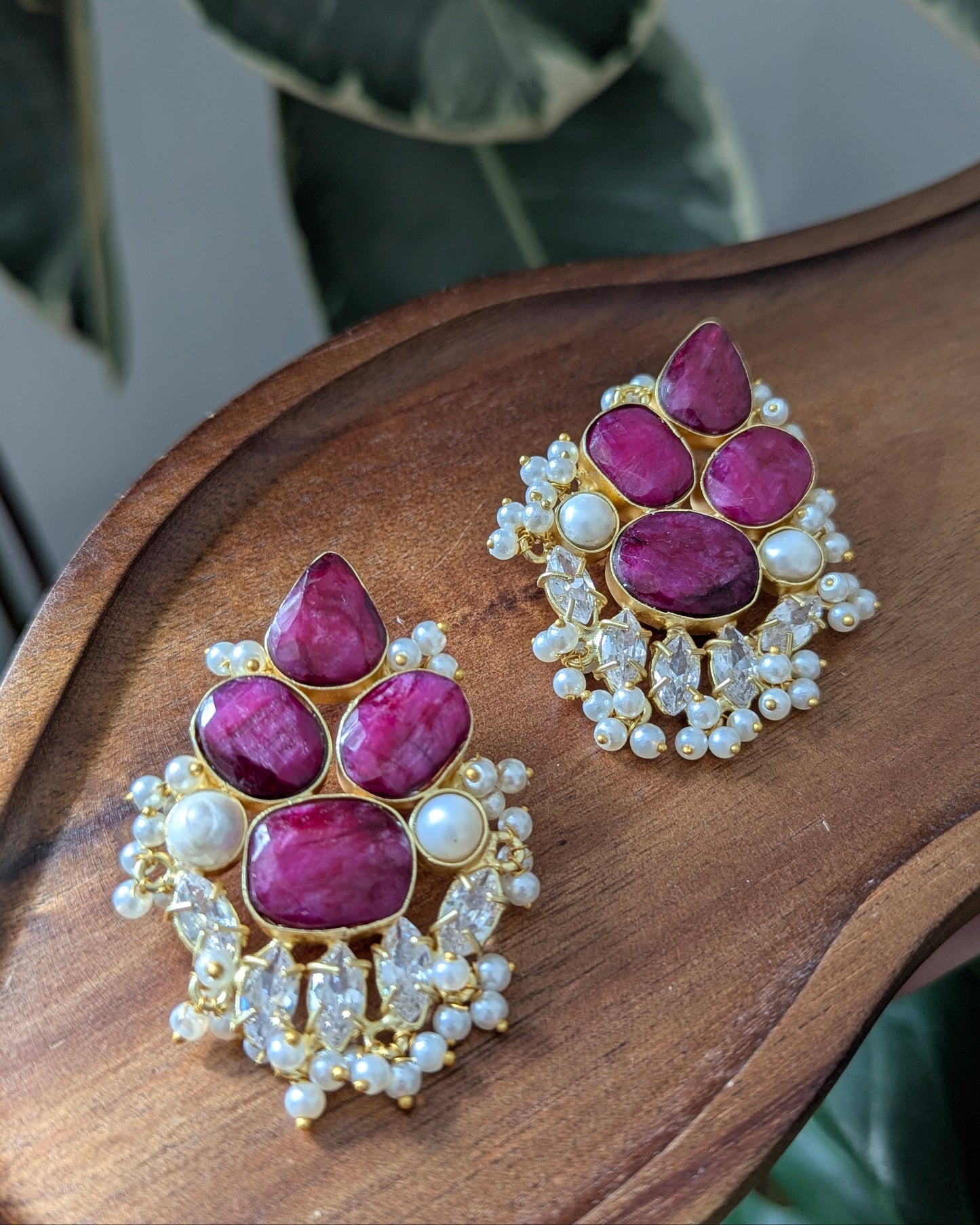 Ruby Quartz, Pearls & Swarovski Floral Statement Earrings - Item 77