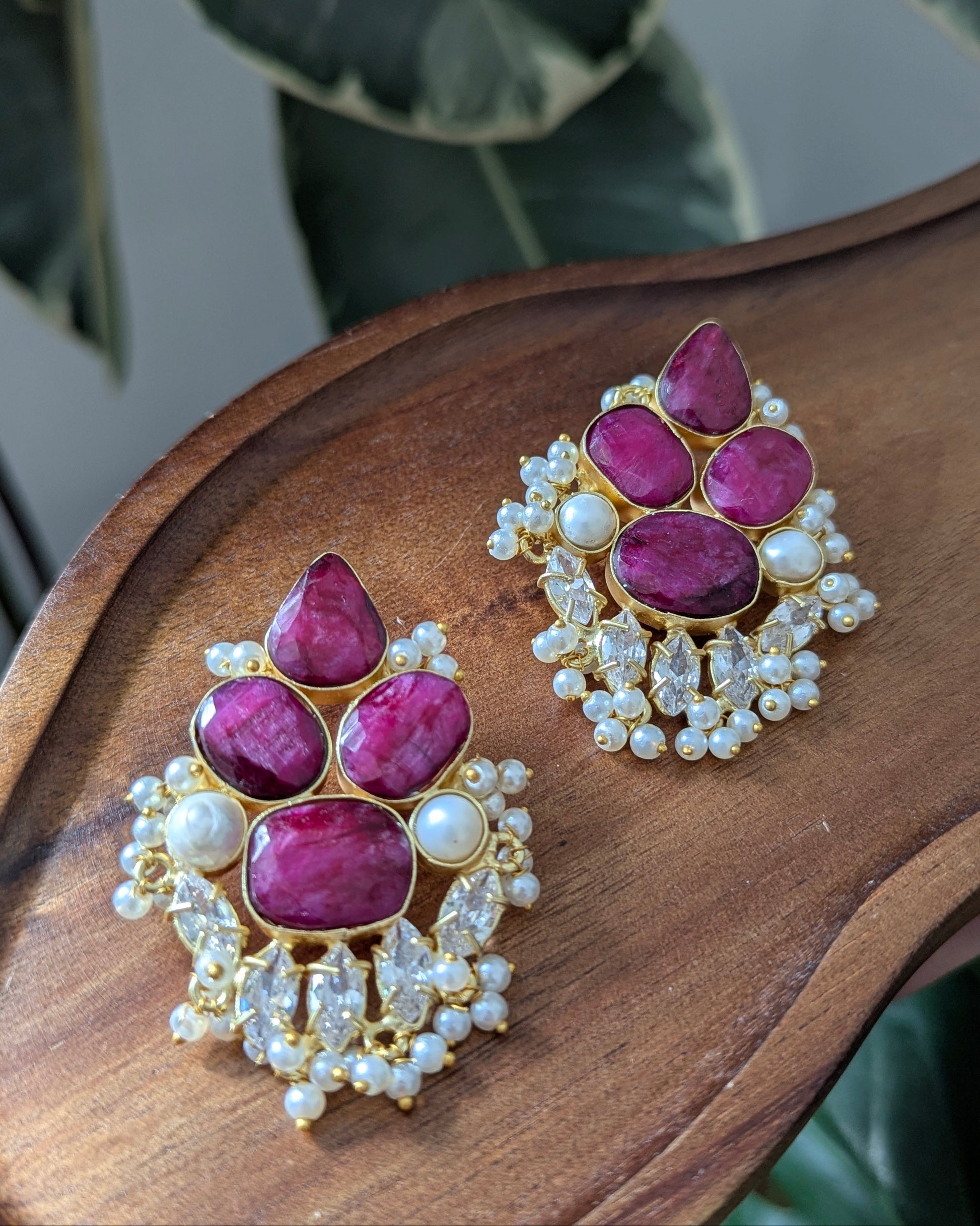 Ruby Quartz, Pearls & Swarovski Floral Statement Earrings - Item 77