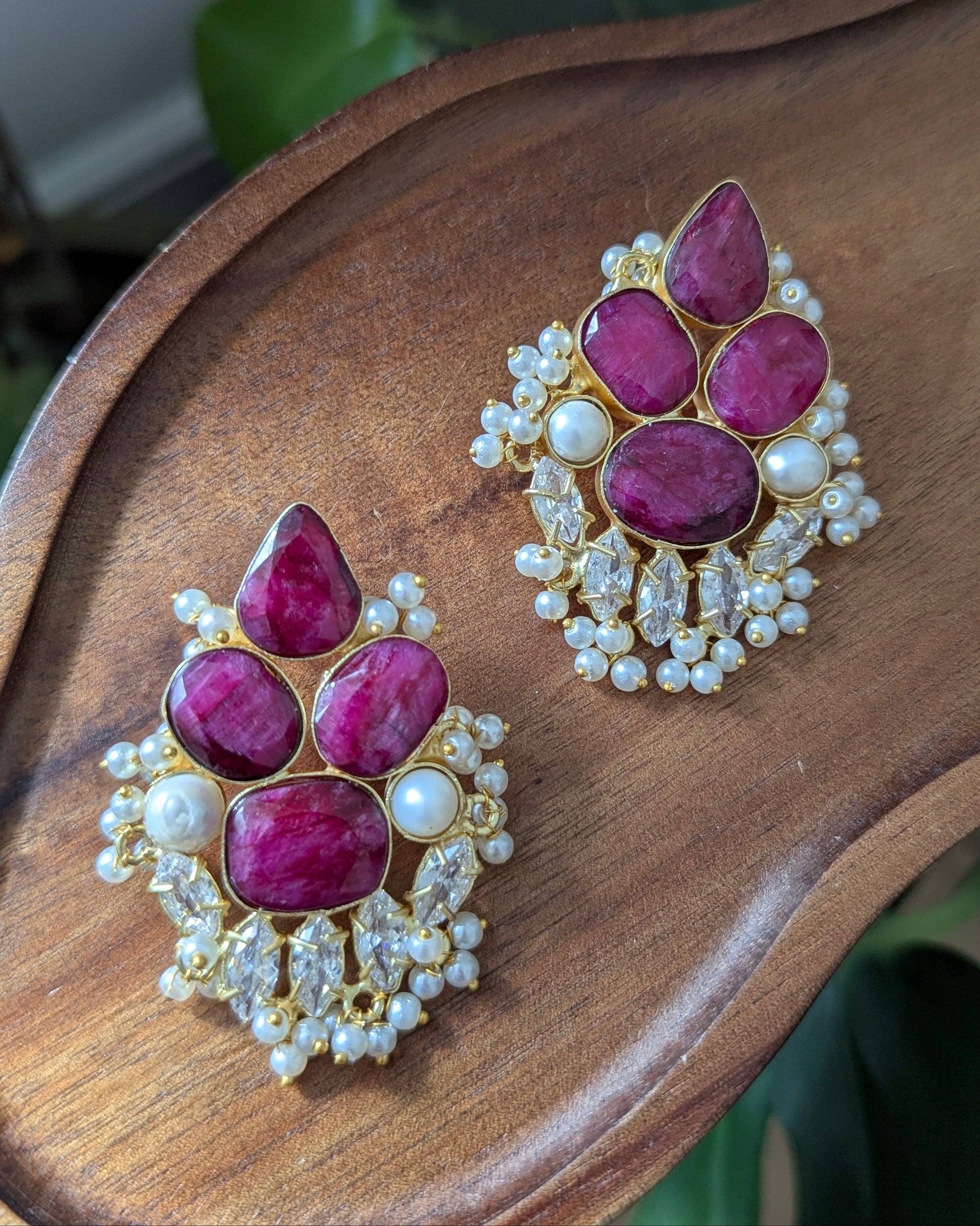 Ruby Quartz, Pearls & Swarovski Floral Statement Earrings - Item 77