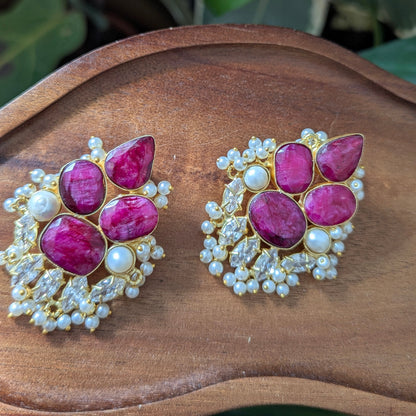 Ruby Quartz, Pearls & Swarovski Floral Statement Earrings - Item 77