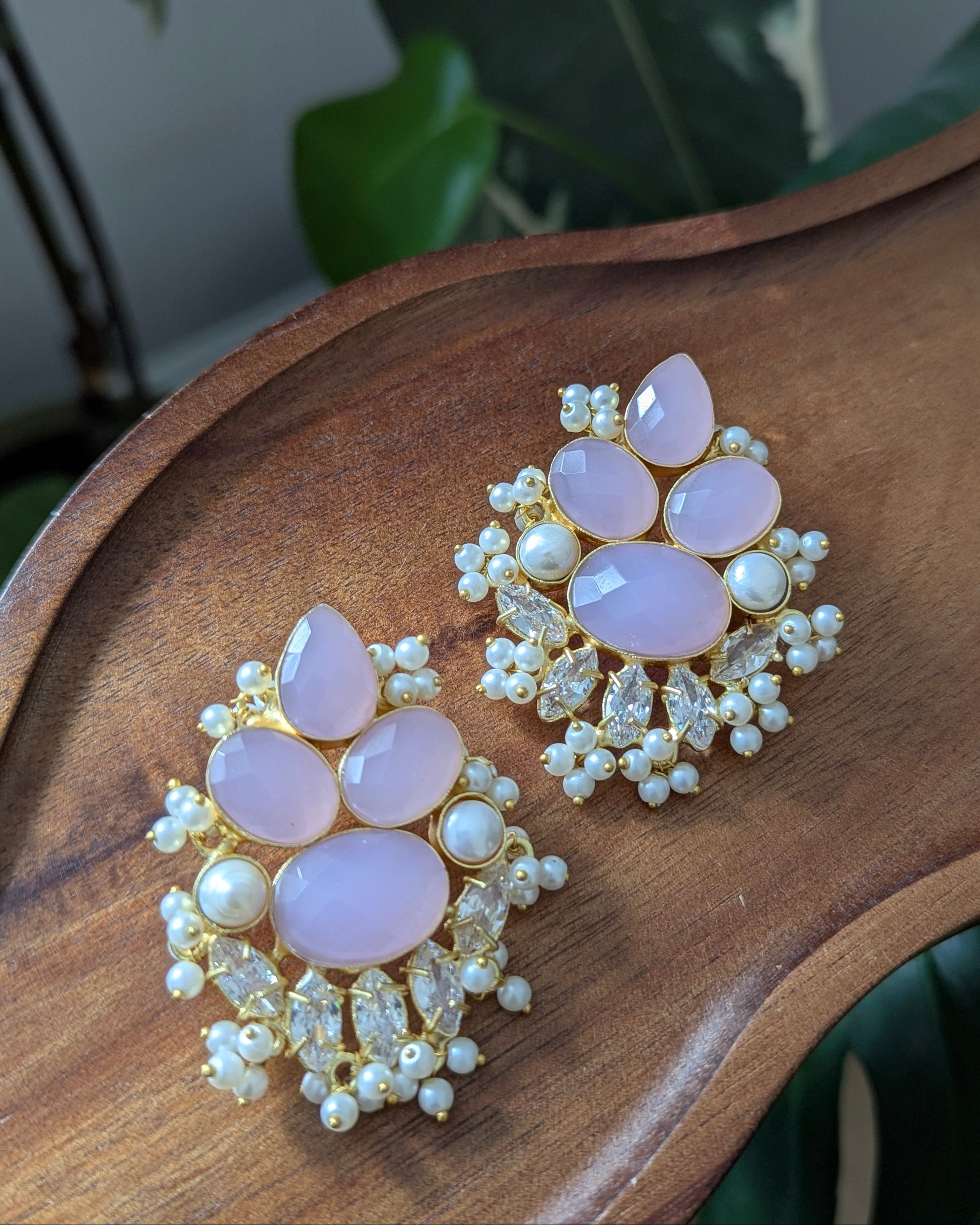 Lilac Stone, Pearls & Swarovski Floral Statement Earrings - Item 78