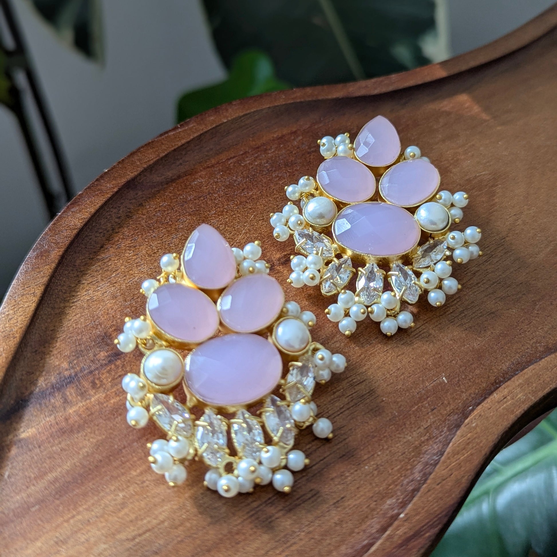 Lilac Stone, Pearls & Swarovski Floral Statement Earrings - Item 78