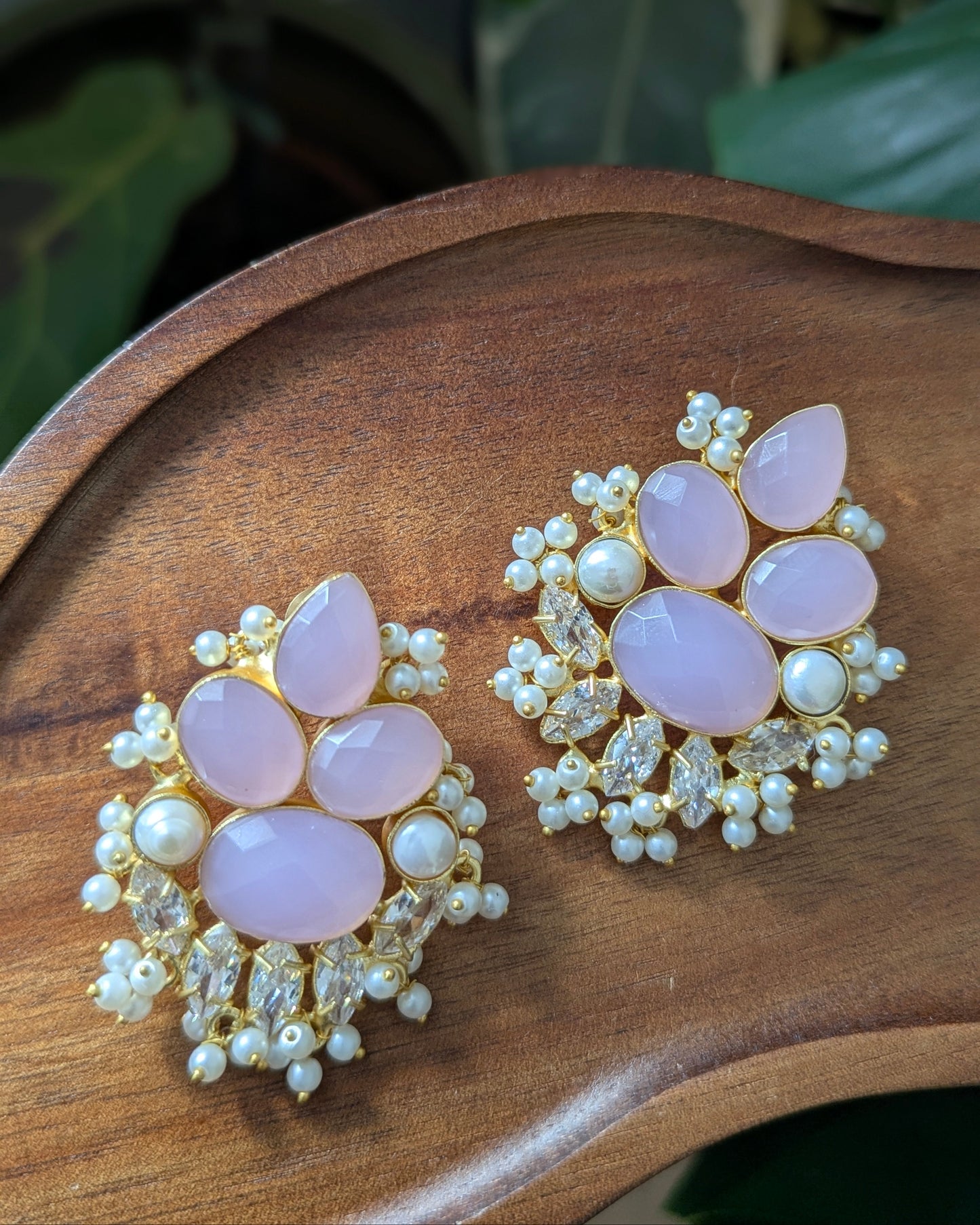Lilac Stone, Pearls & Swarovski Floral Statement Earrings - Item 78