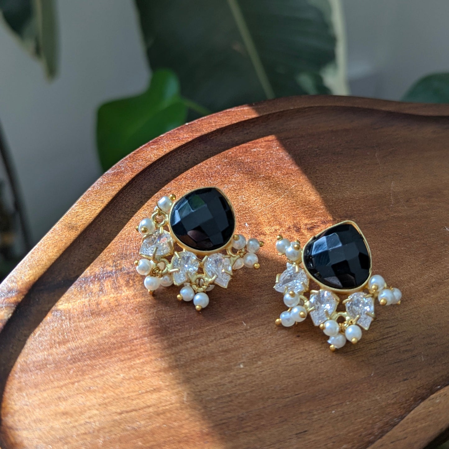 Minimal Black Jade Stud Earrings with Pearls & Swarovski - Item 80