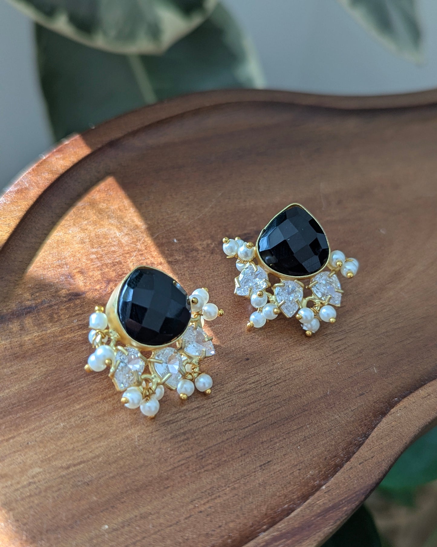 Minimal Black Jade Stud Earrings with Pearls & Swarovski - Item 80