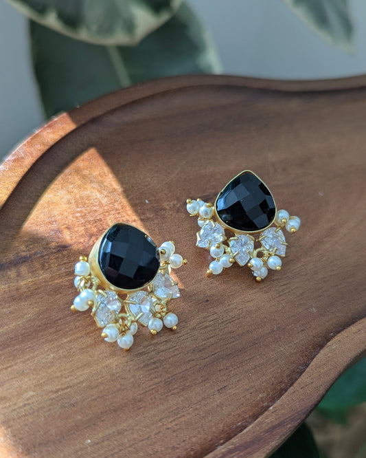 Minimal Black Jade Stud Earrings with Pearls & Swarovski - Item 80