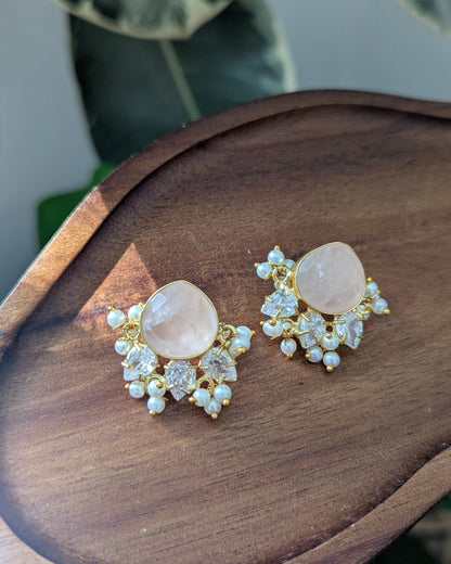 Minimal Blush Rose Quartz Stud Earrings with Pearls & Swarovski - Item 81