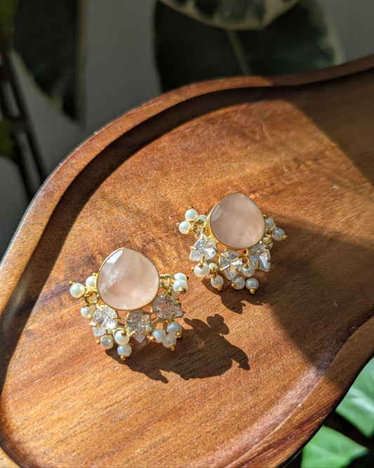 Minimal Blush Rose Quartz Stud Earrings with Pearls & Swarovski - Item 81