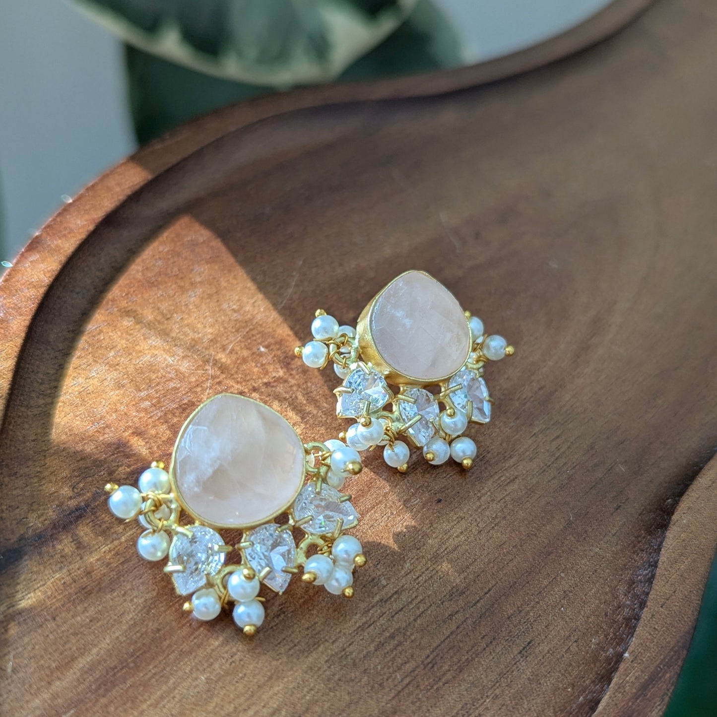 Minimal Blush Rose Quartz Stud Earrings with Pearls & Swarovski - Item 81