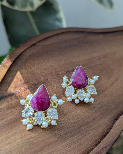 Minimal Ruby Quartz Stud Earrings with Pearls & Swarovski - Item 82