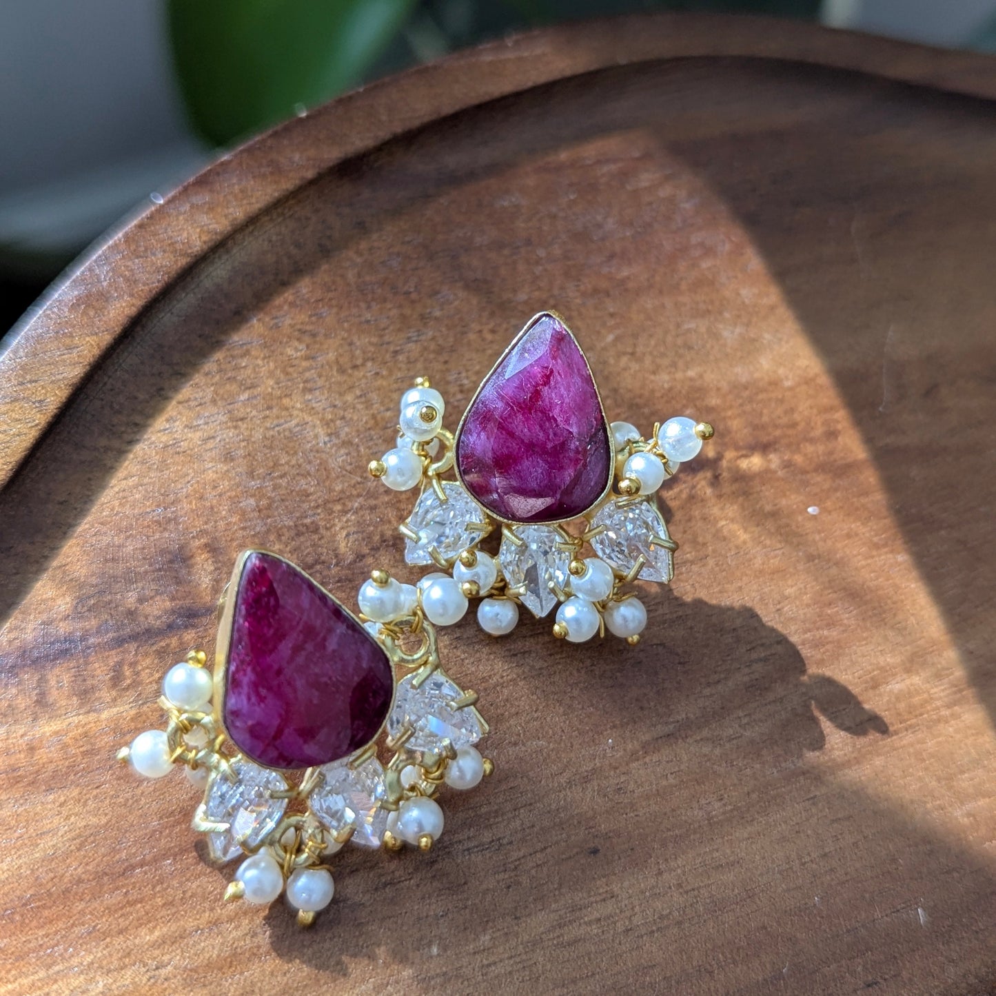 Minimal Ruby Quartz Stud Earrings with Pearls & Swarovski - Item 82