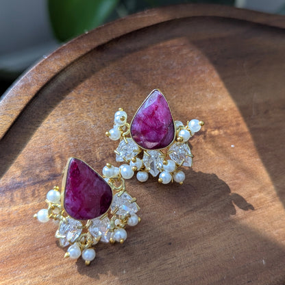 Minimal Ruby Quartz Stud Earrings with Pearls & Swarovski - Item 82