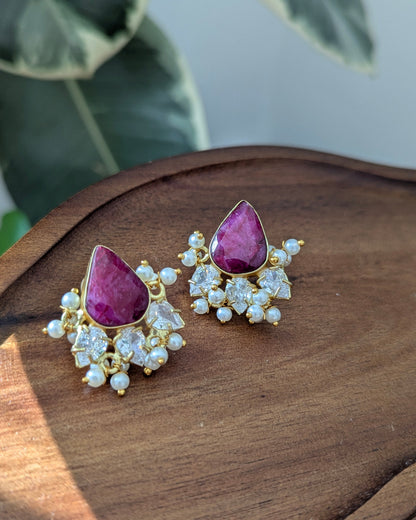 Minimal Ruby Quartz Stud Earrings with Pearls & Swarovski - Item 82