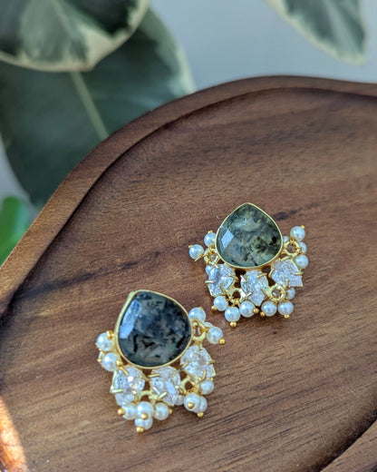 Minimal Green Prehnite Stud Earrings with Pearls & Swarovski