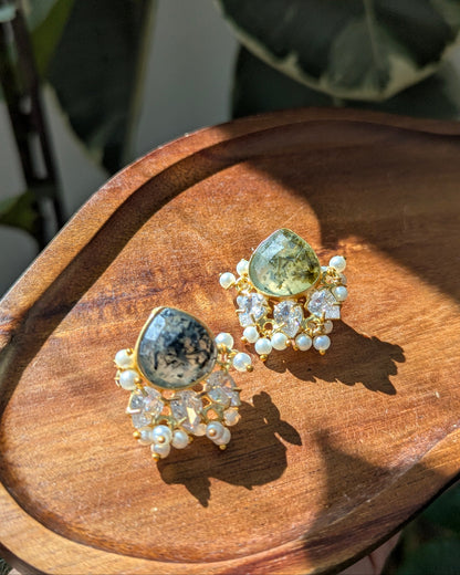 Minimal Green Prehnite Stud Earrings with Pearls & Swarovski