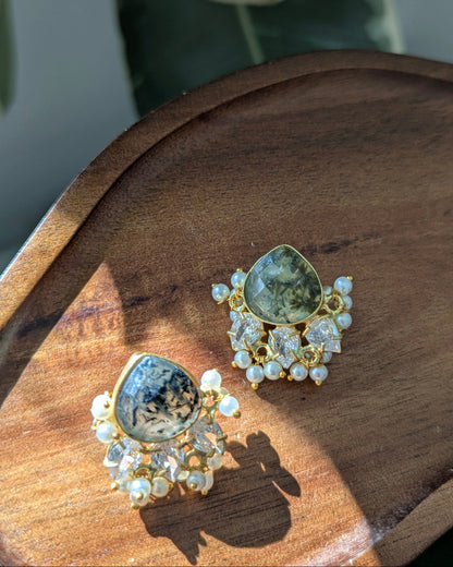 Minimal Green Prehnite Stud Earrings with Pearls & Swarovski