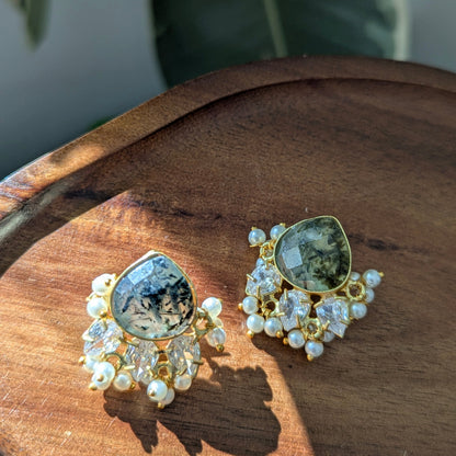 Minimal Green Prehnite Stud Earrings with Pearls & Swarovski