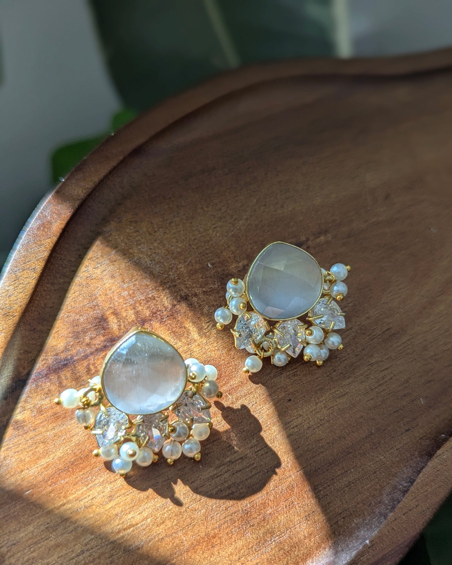 Minimal Grey Smoke Quartz Stud Earrings with Pearls & Swarovski - Item 83